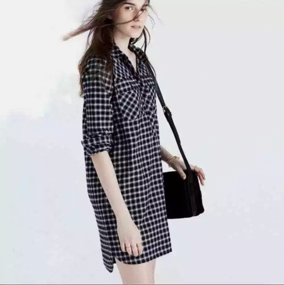 Madewell Latitude Checkered Mini Shirt Dress Collared Plaid Black White - Picture 1 of 5